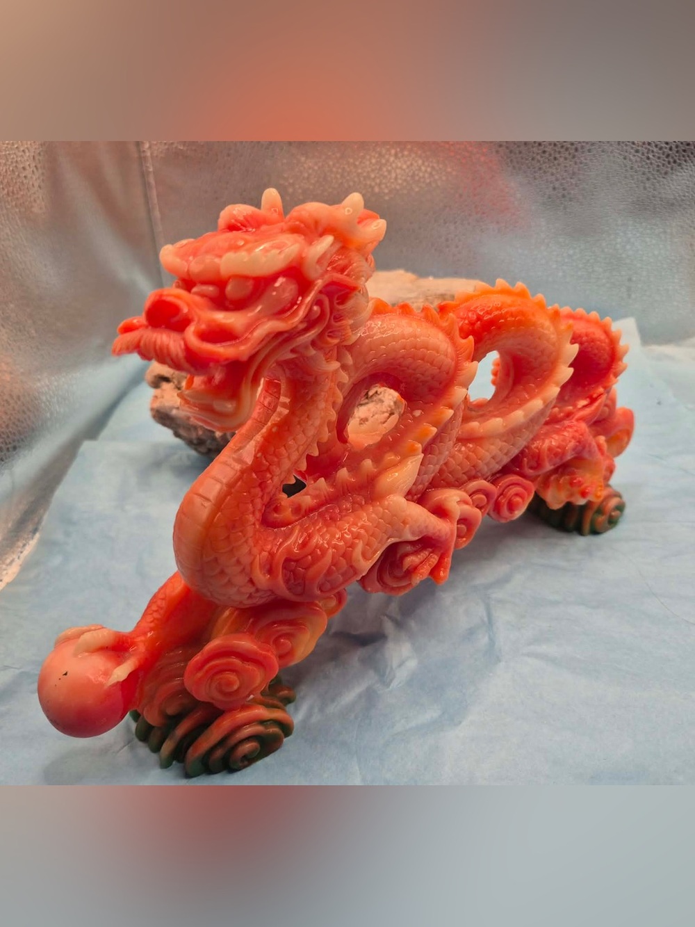Vintage Chinese Dragon Statue - Orange Red Sculpture Lucite Feng Shui Decor - Picture 3 of 17